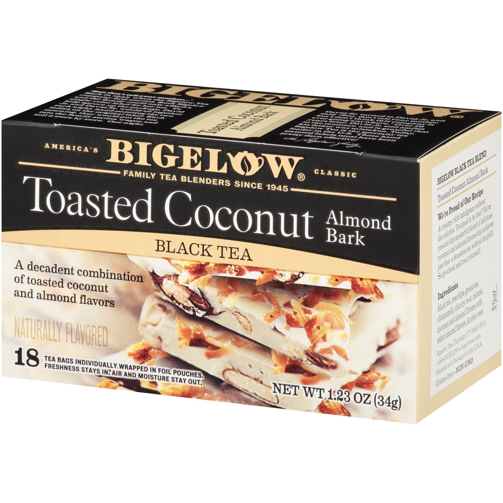 Close-up of Bigelow Toasted Coconut Almond Bark packaging branding.