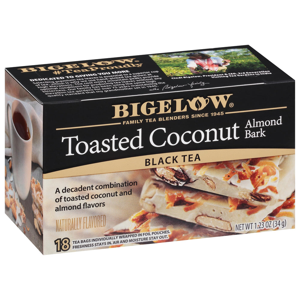 Bigelow Toasted Coconut Almond Bark Tea box shows premium packaging for on-the-go flavor.