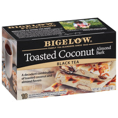 Bigelow Toasted Coconut Almond Bark Tea box shows premium packaging for on-the-go flavor.