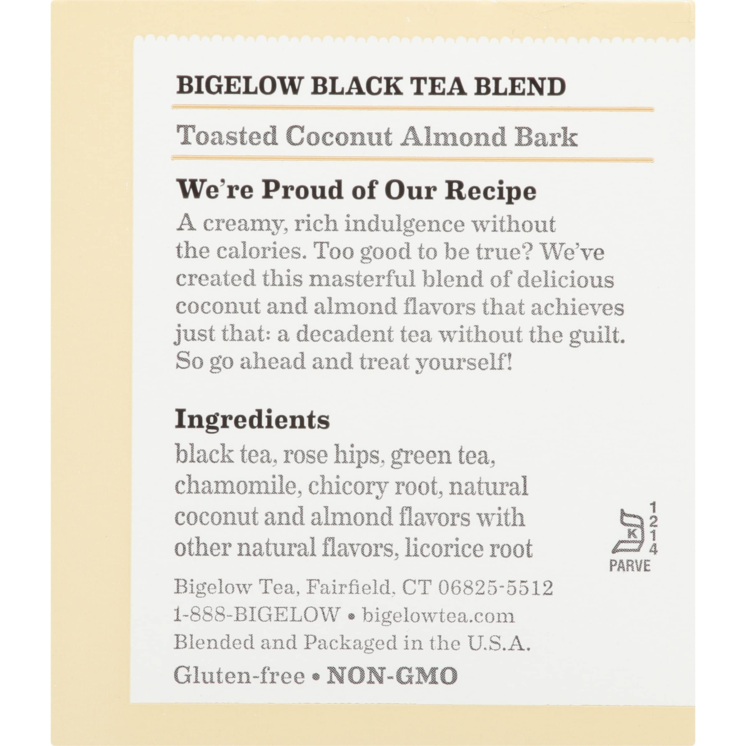 Steeping Bigelow Toasted Coconut Almond Bark tea in a mug.