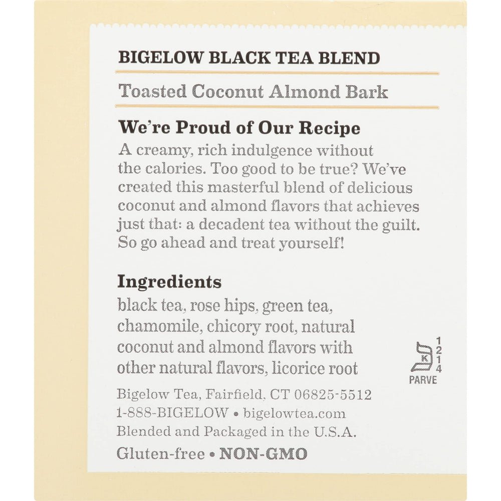 Steeping Bigelow Toasted Coconut Almond Bark tea in a mug.