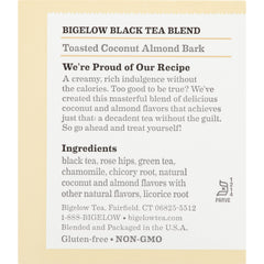 Steeping Bigelow Toasted Coconut Almond Bark tea in a mug.