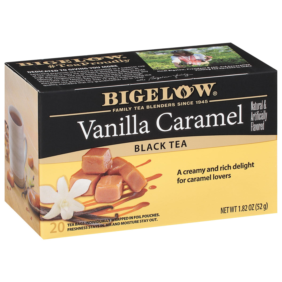 Bigelow Vanilla Caramel Black Tea bags, rich aroma for a calorie-free indulgence.