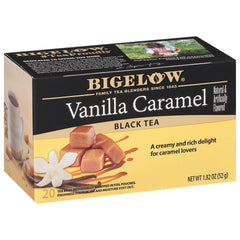 Bigelow Vanilla Caramel Black Tea bags, rich aroma for a calorie-free indulgence.