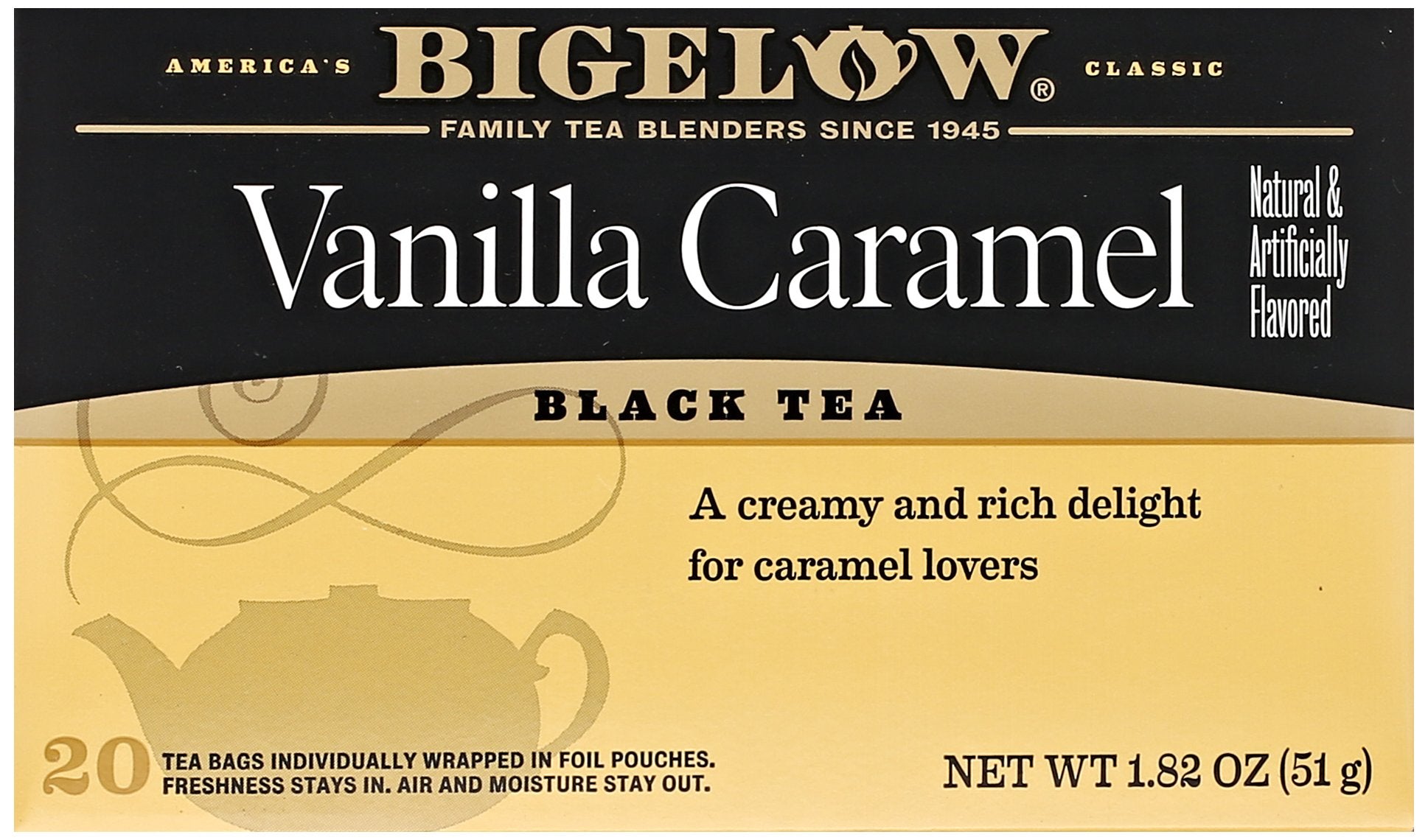 Bigelow Vanilla Caramel Black Tea box ready for a cozy afternoon ritual