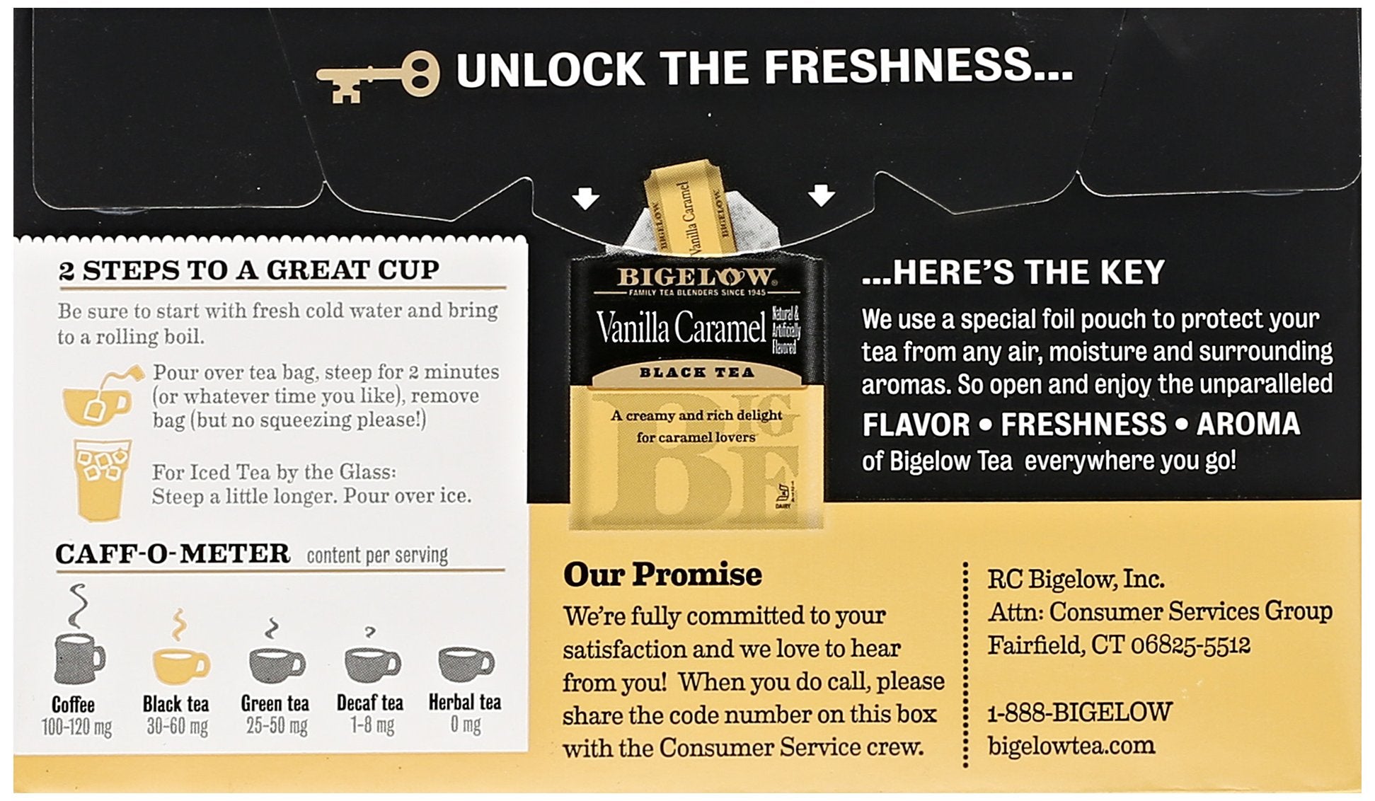 Brand label visible on Bigelow Vanilla Caramel Black Tea packaging
