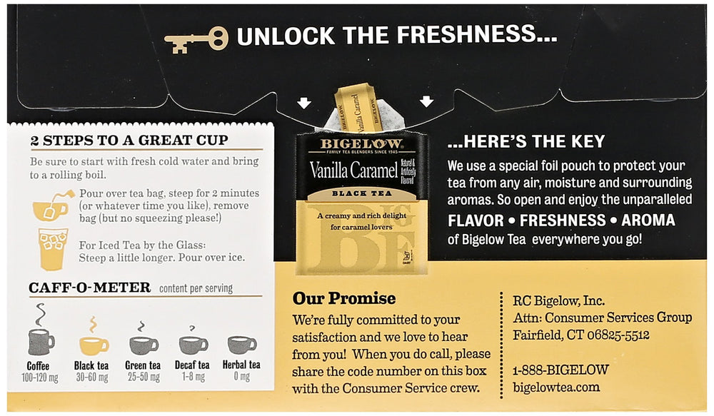 Brand label visible on Bigelow Vanilla Caramel Black Tea packaging