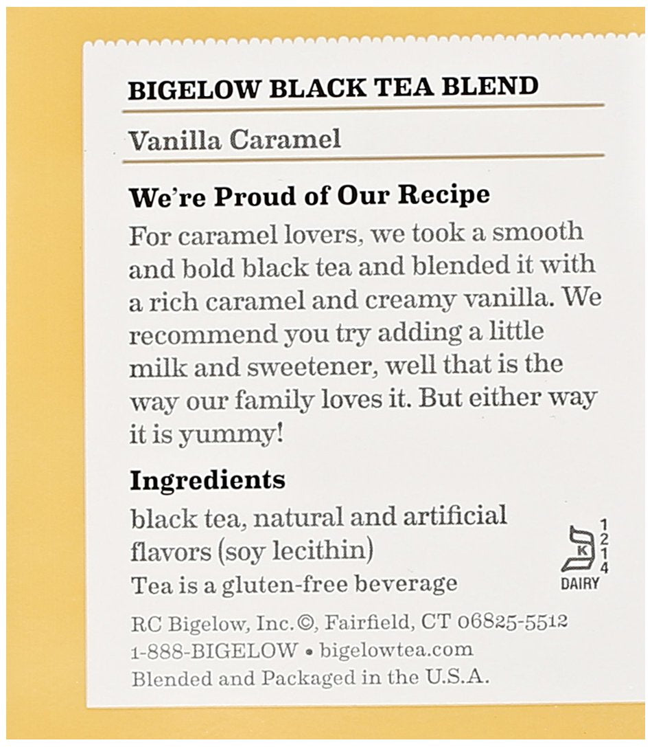 Bigelow Vanilla Caramel Black Tea packaging shows premium branding and flavor promise