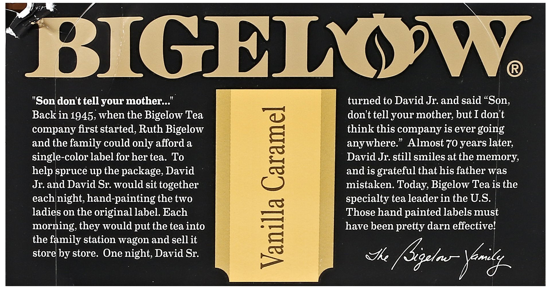 Close-up of Bigelow Vanilla Caramel Black Tea packet