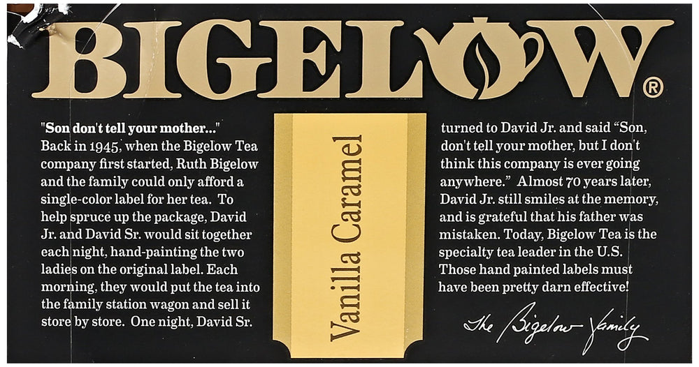Close-up of Bigelow Vanilla Caramel Black Tea packet