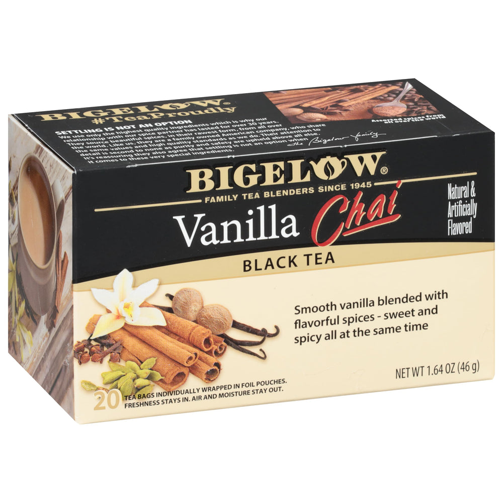 Bigelow Vanilla Chai tea bags showcase rich vanilla aroma for a full-bodied cup