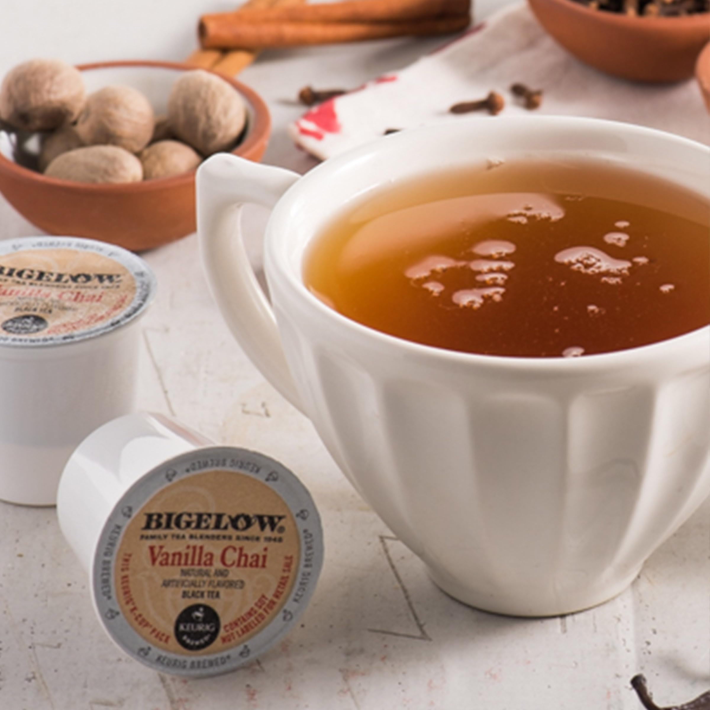 Bigelow Vanilla Chai K-Cup brewed cup showing bold spice and vanilla aroma.