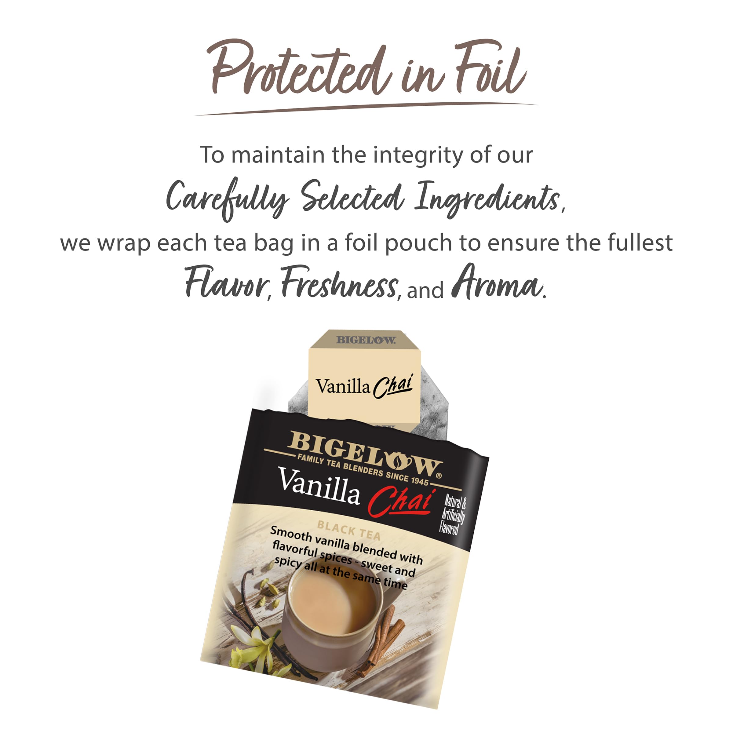 Six-box Bigelow Vanilla Chai packaging for convenient pantry storage