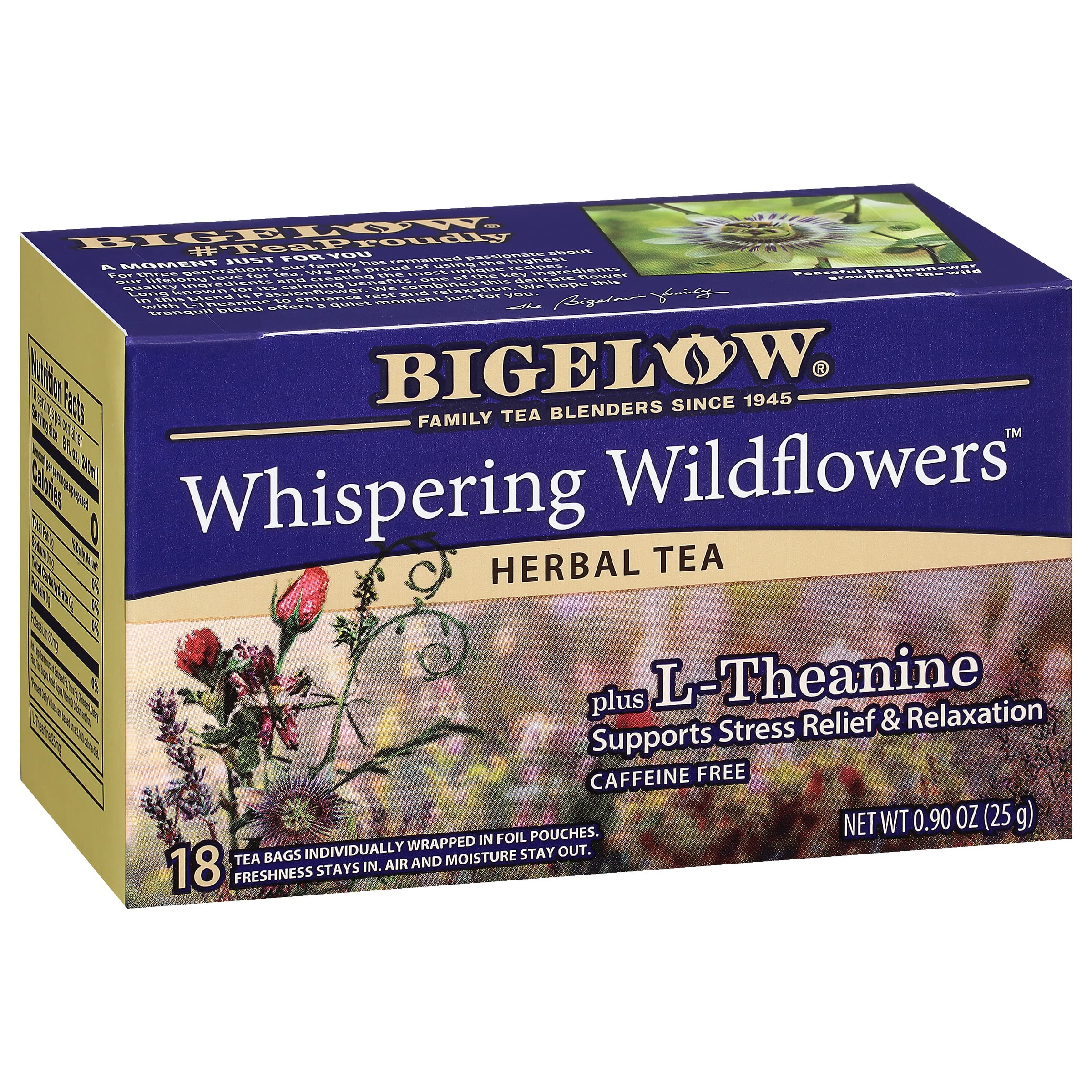 Bigelow Whispering Wildflowers tea bags provide a calming, caffeine-free moment.