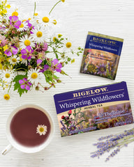 Bigelow Whispering Wildflowers tea cup steeping for a soothing ritual.