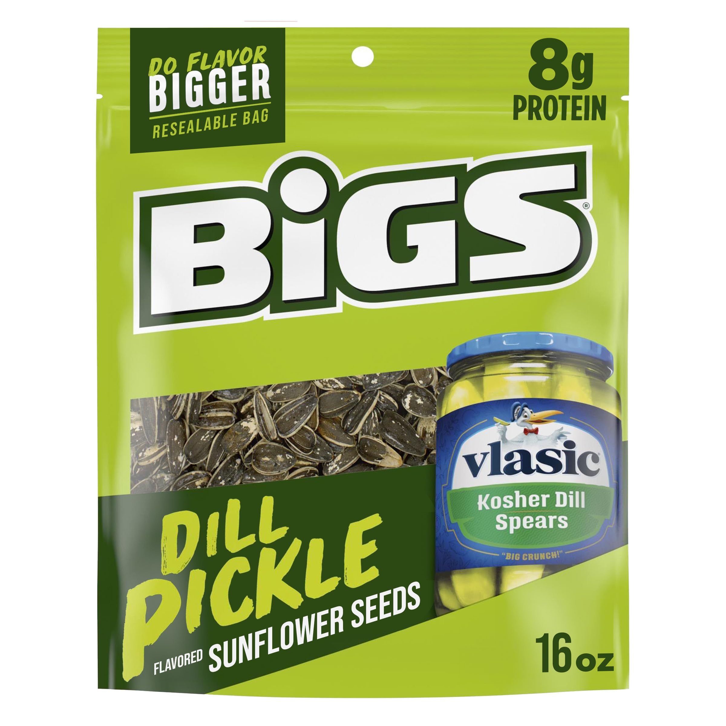 BIGS Vlasic Dill Pickle Sunflower Seeds bag front, premium USA-grown snack for on-the-go.