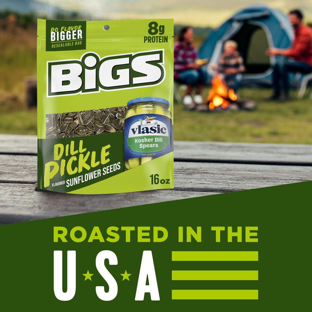 Keto-friendly BIGS Vlasic Dill Pickle Sunflower Seeds with protein per serving.