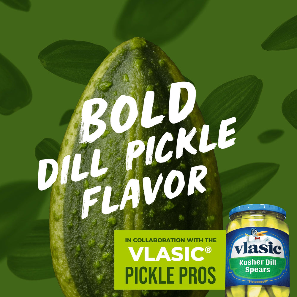 Pouring BIGS Vlasic Dill Pickle Sunflower Seeds to show shareable snack potential.