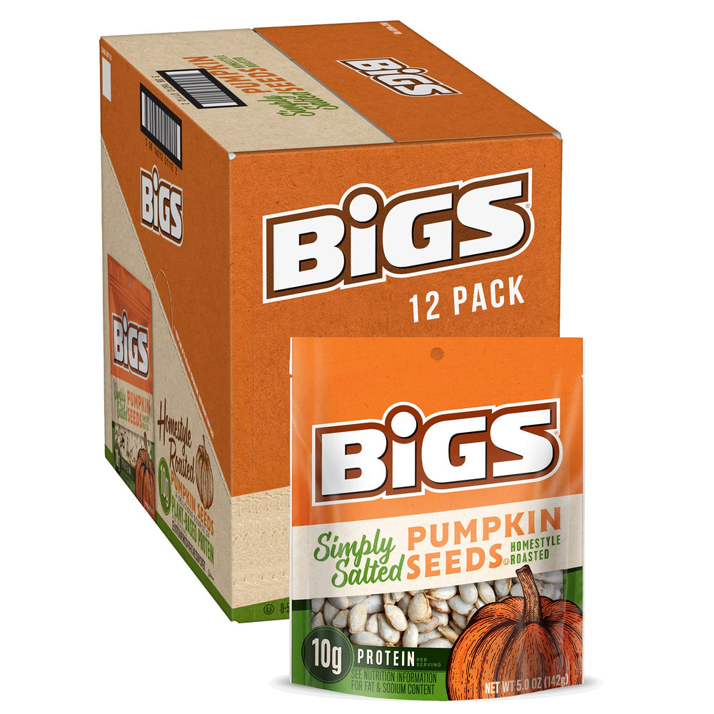 BIGS Simply Salted pumpkin seeds package front showing twelve resealable bags for snacking.