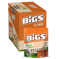 BIGS Simply Salted pumpkin seeds package front showing twelve resealable bags for snacking.