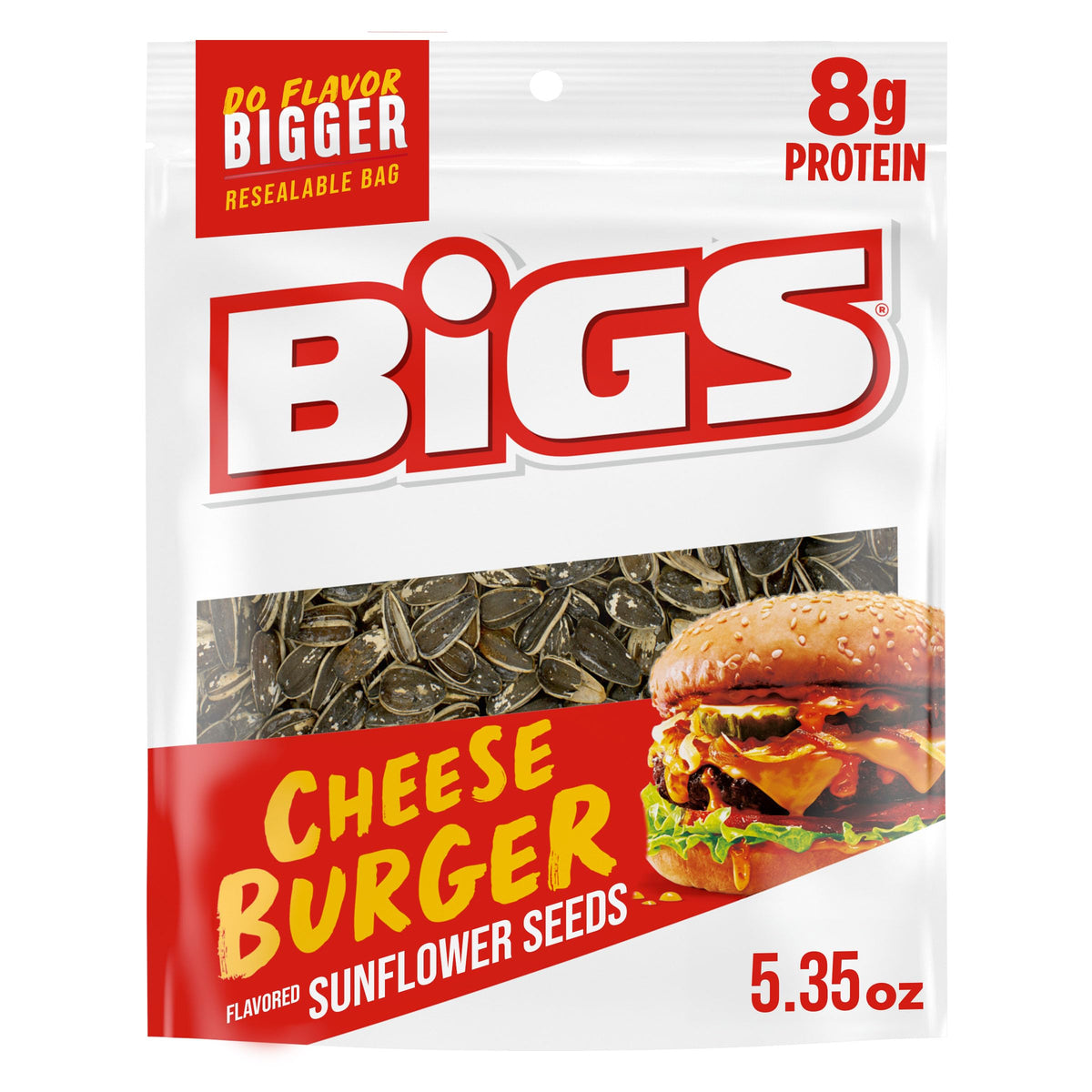 BIGS Cheeseburger Sunflower Seeds in a bag with a crispy crunch, perfect for on-the-go snacking