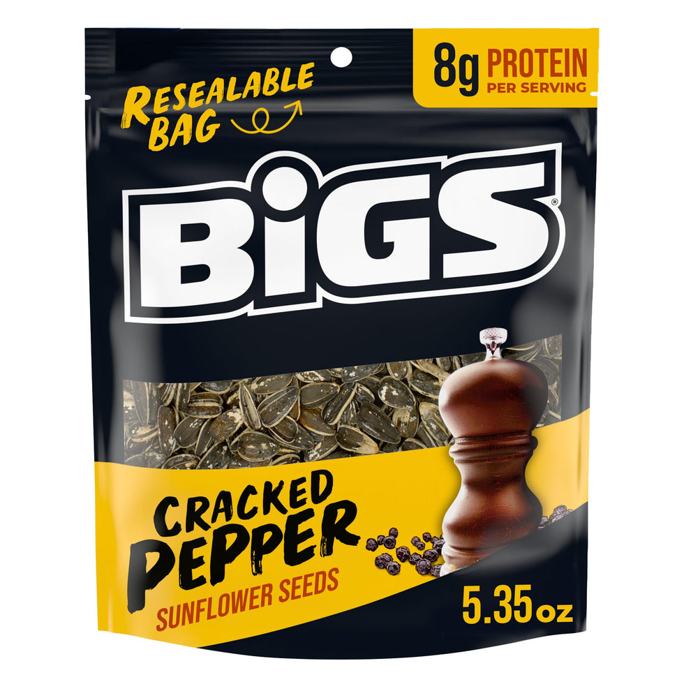BIGS Cracked Pepper Sunflower Seeds in a bag for bold on-the-go snacking.