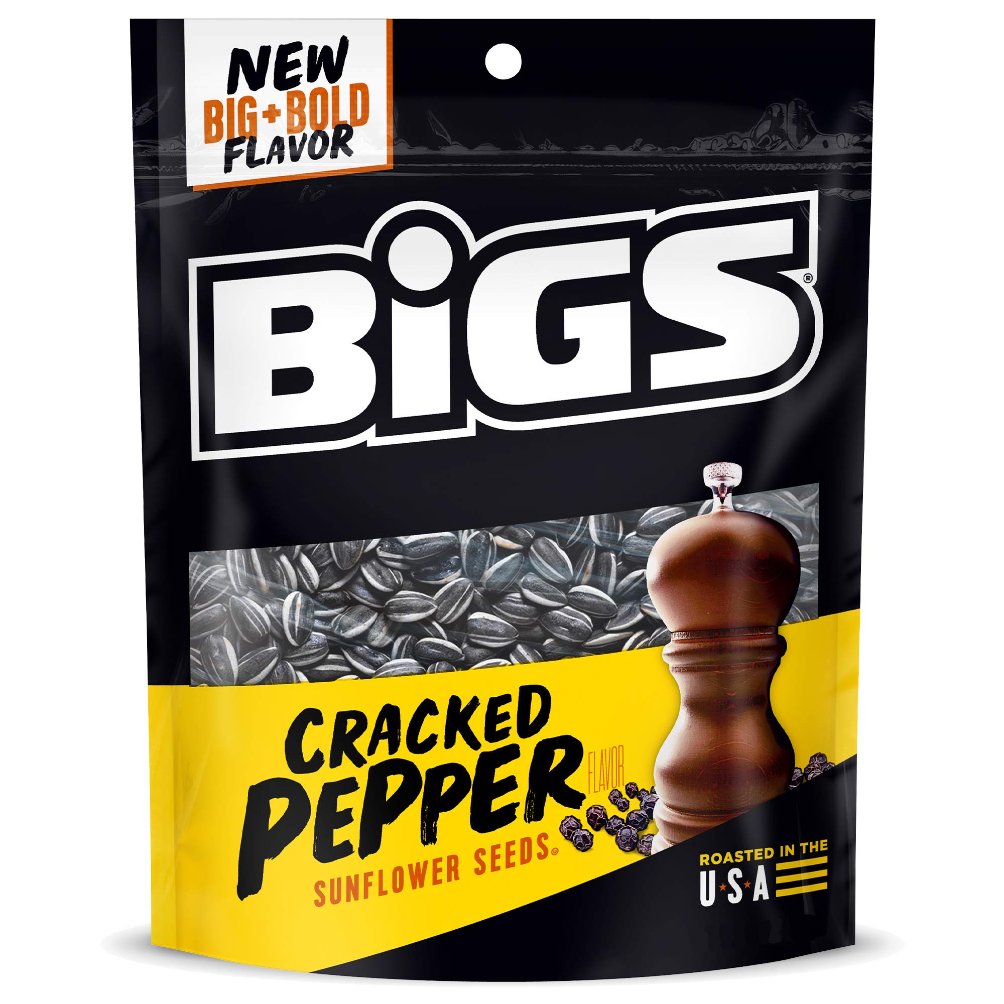 BIGS cracked pepper sunflower seeds front bag showing bold flavor for game day snacking