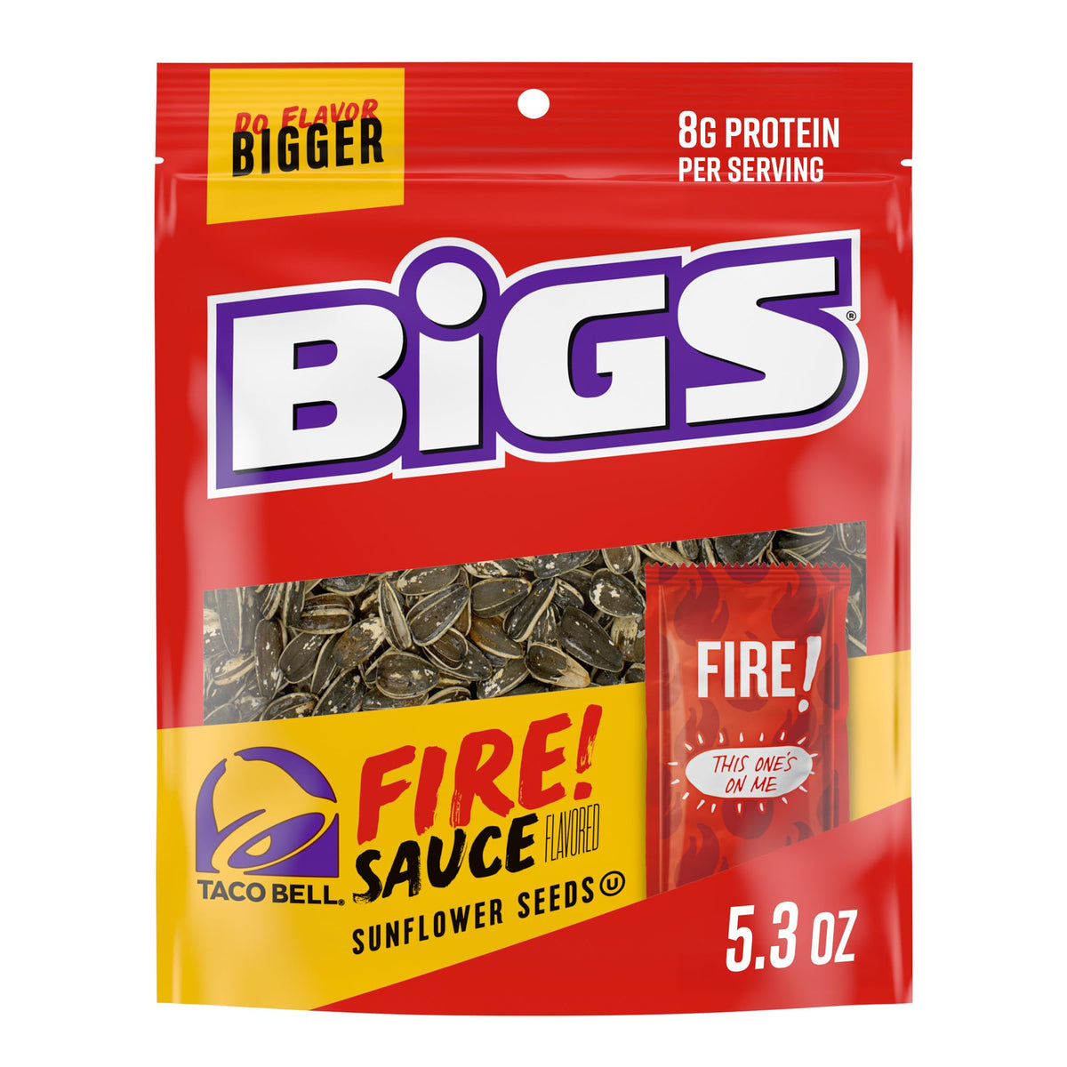 BIGS Fire Flavor Sunflower Seeds in resealable bag with jumbo seeds for on-the-go heat.