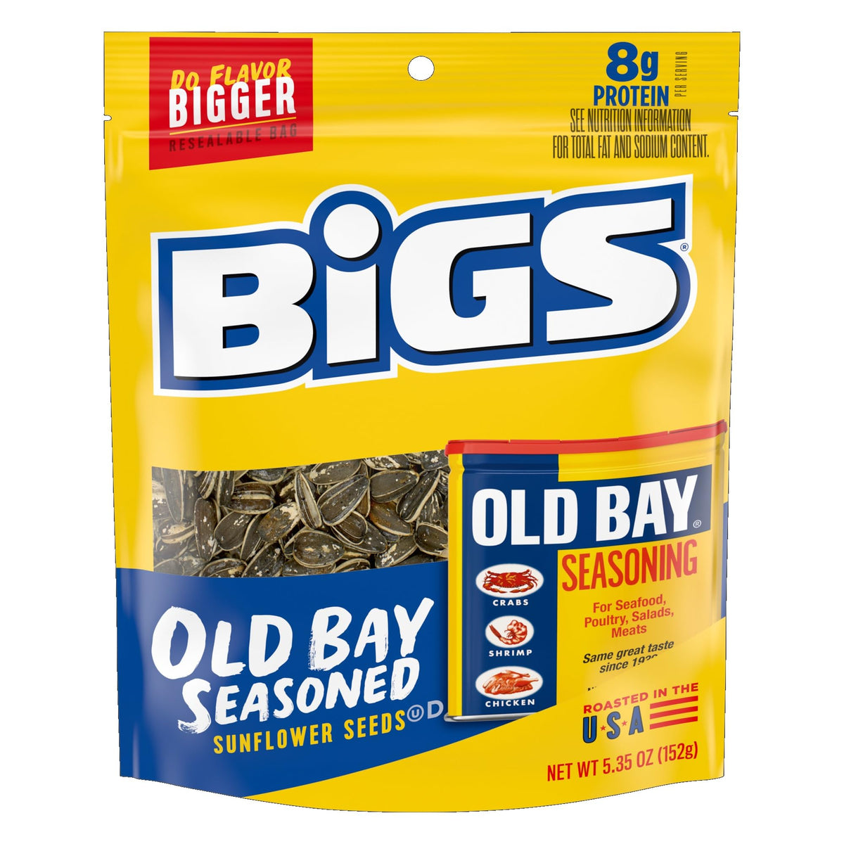 BIGS Old Bay sunflower seeds bag front highlighting bold flavor for game-day snacking