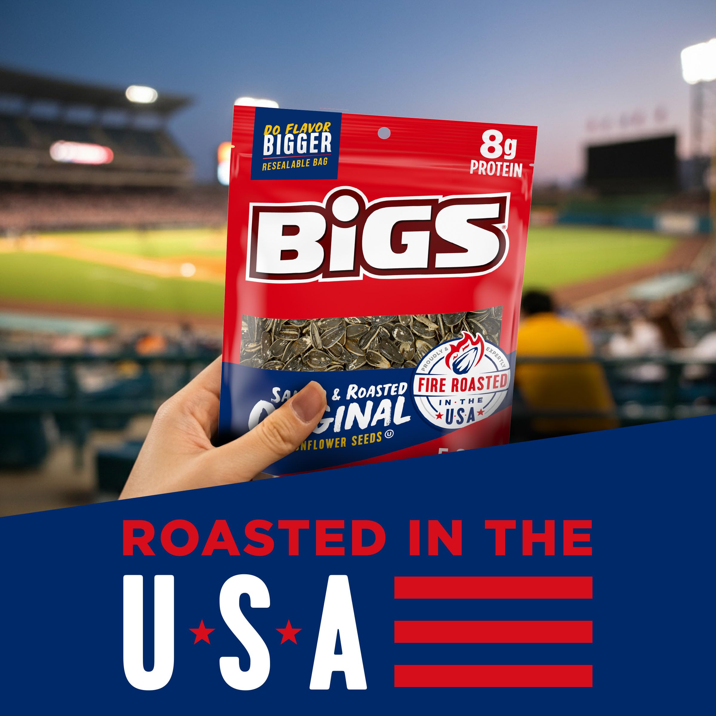 BIGS Sunflower Seeds salted roasted original resealable bag keeps freshness.