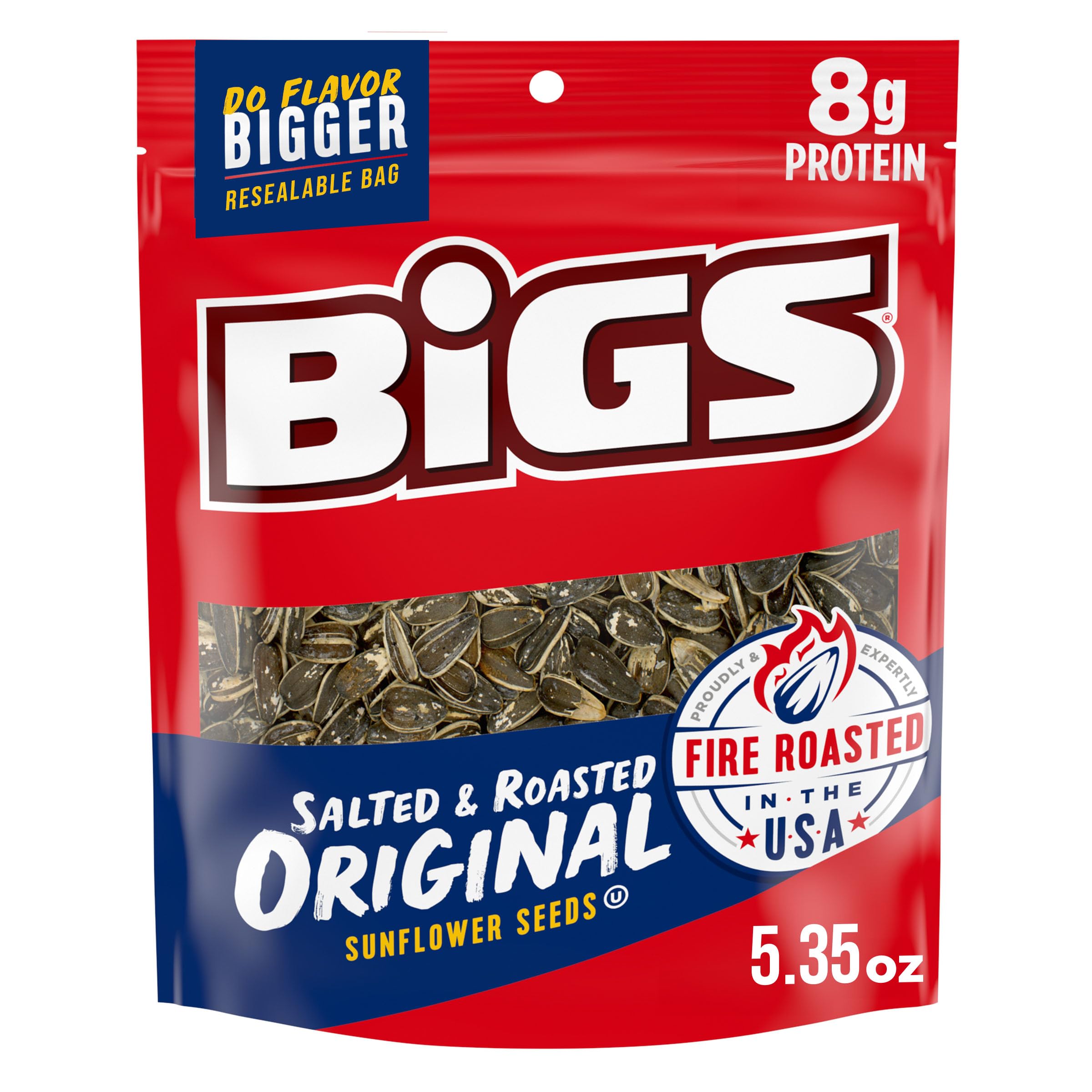BIGS Sunflower Seeds Salted Roasted Original packaging with resealable bags for easy snacking.