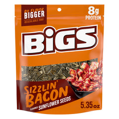 BIGS Sizzlin' Bacon sunflower seeds in a resealable bag for on-the-go snacking.
