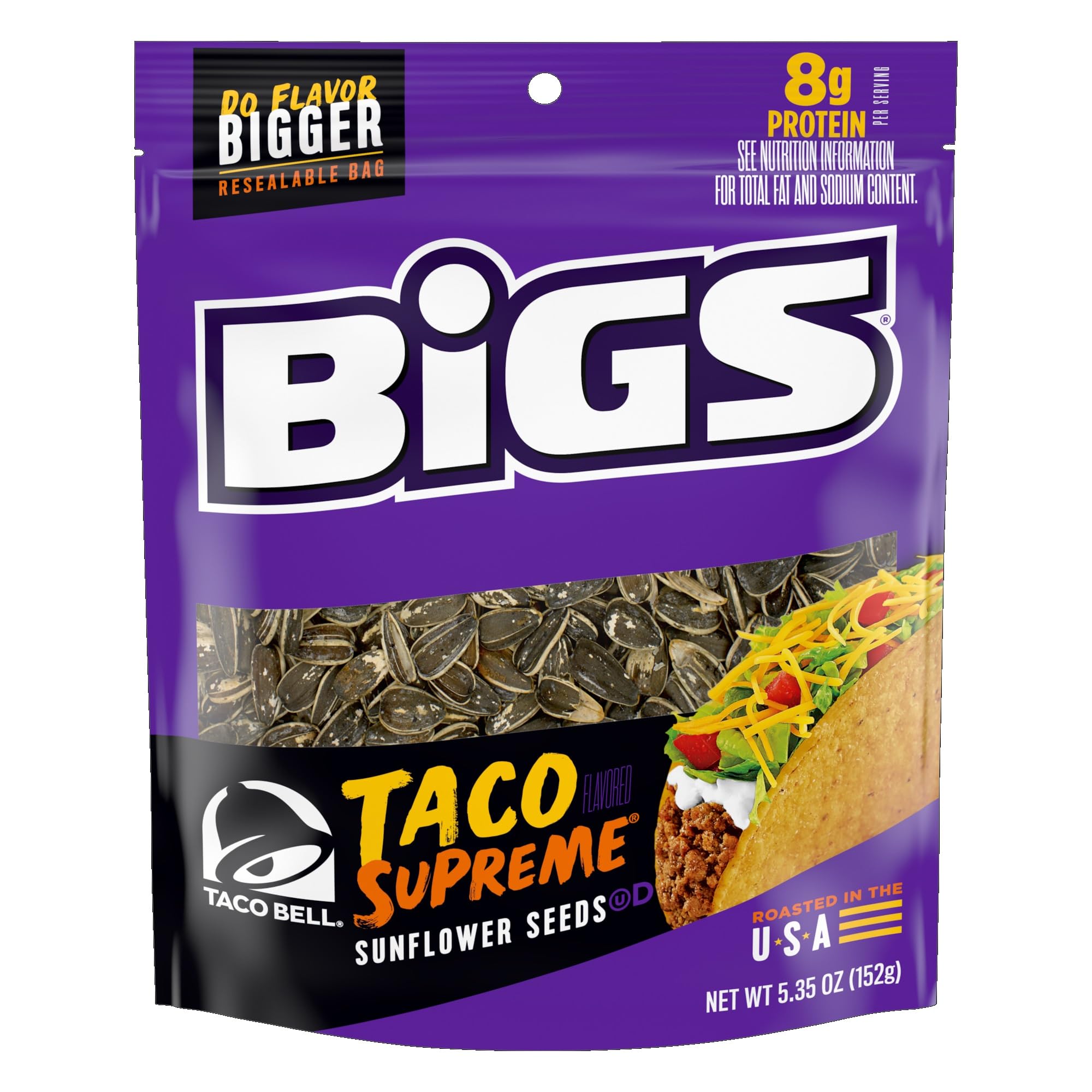 BIGS Sunflower Seeds Taco Supreme flavor in a crunchy bite for on-the-go snacking.