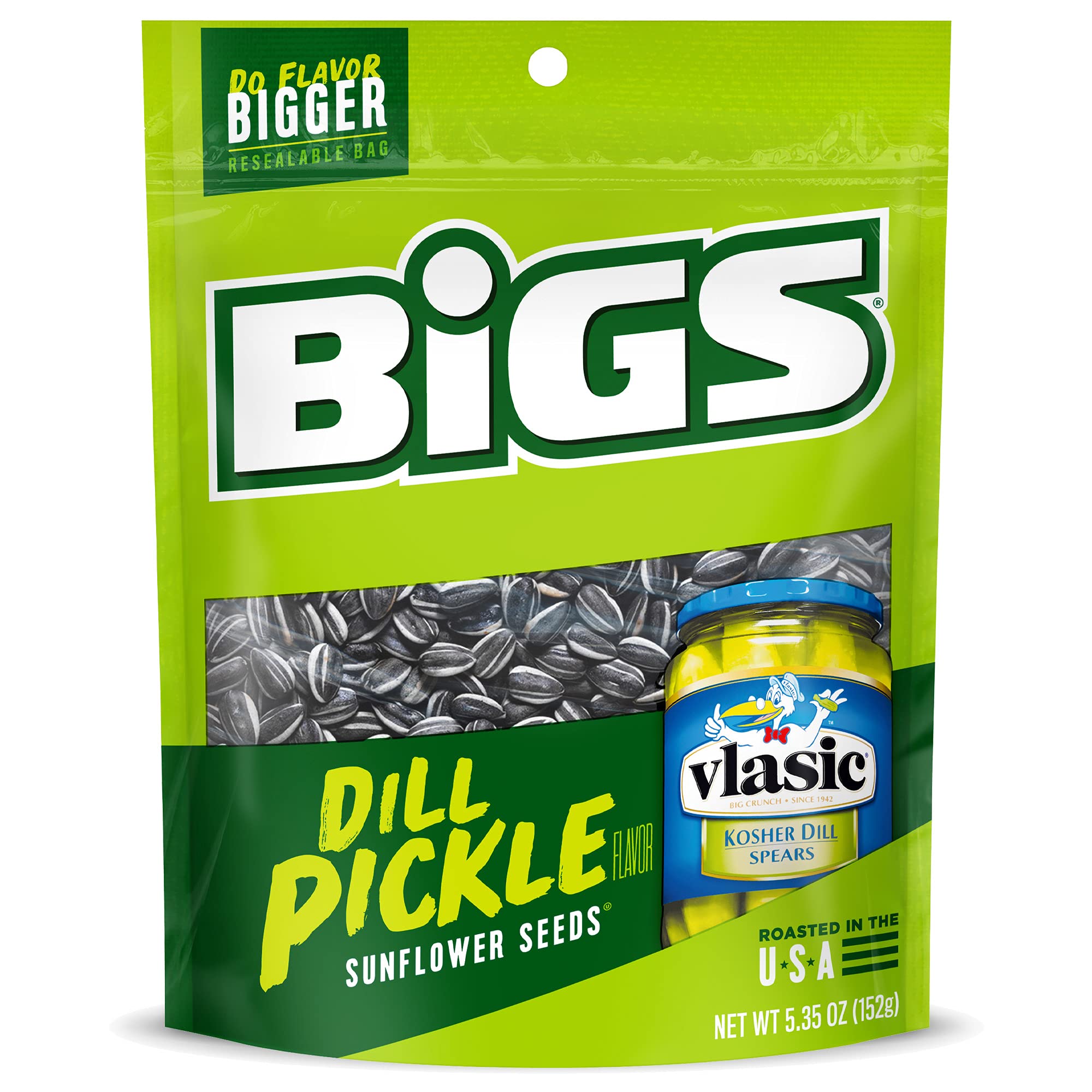 BIGS Vlasic Dill Pickle sunflower seeds in a bag for tangy on-the-go snacking.