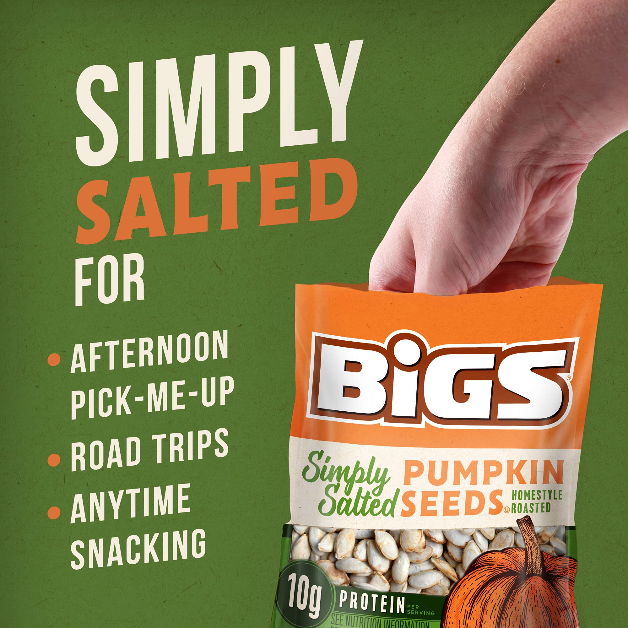 BIGS USA-grown pumpkin seeds closeup reinforcing domestically grown quality.