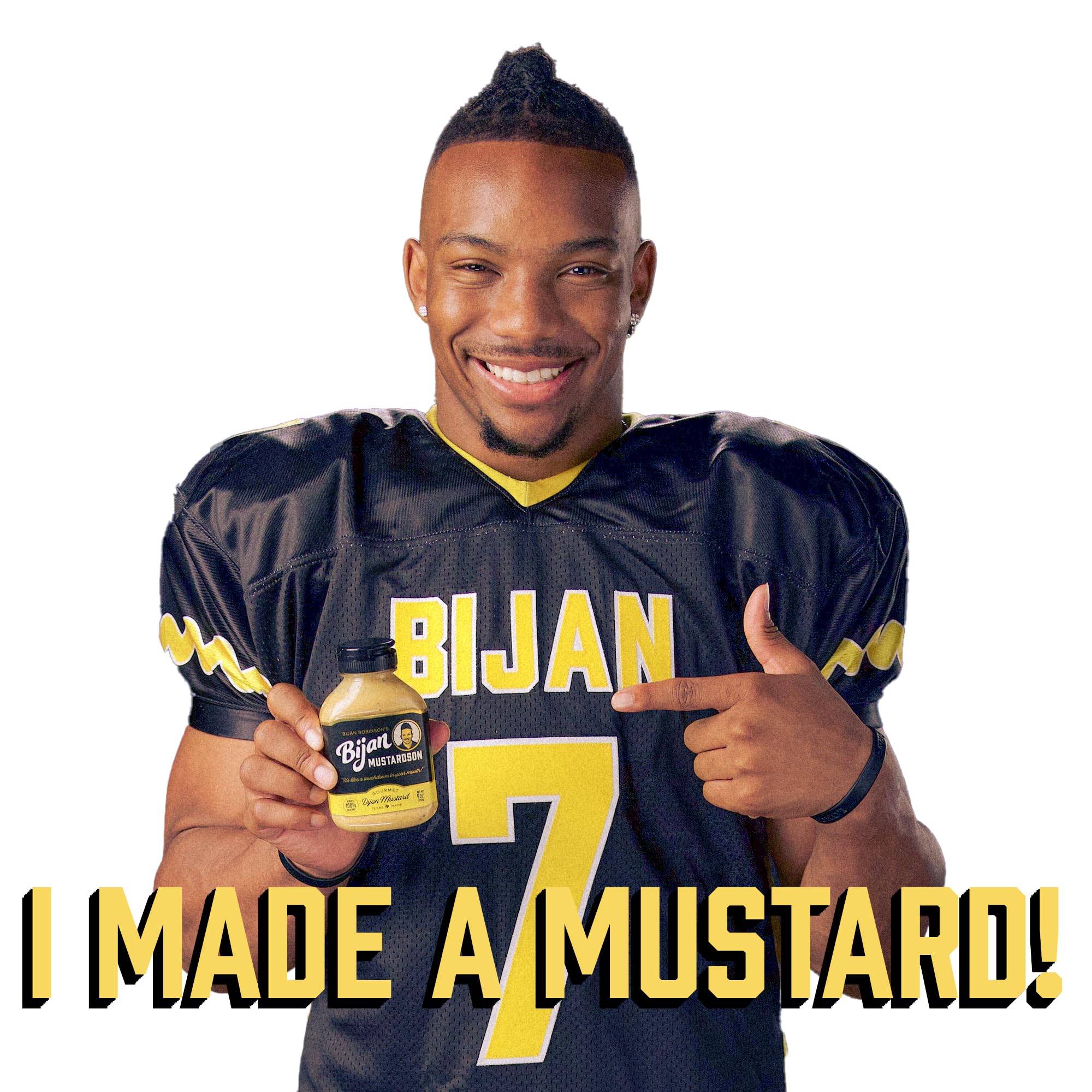 Bijan Mustardson Dijon bottle on burgers delivering a spicy kick.