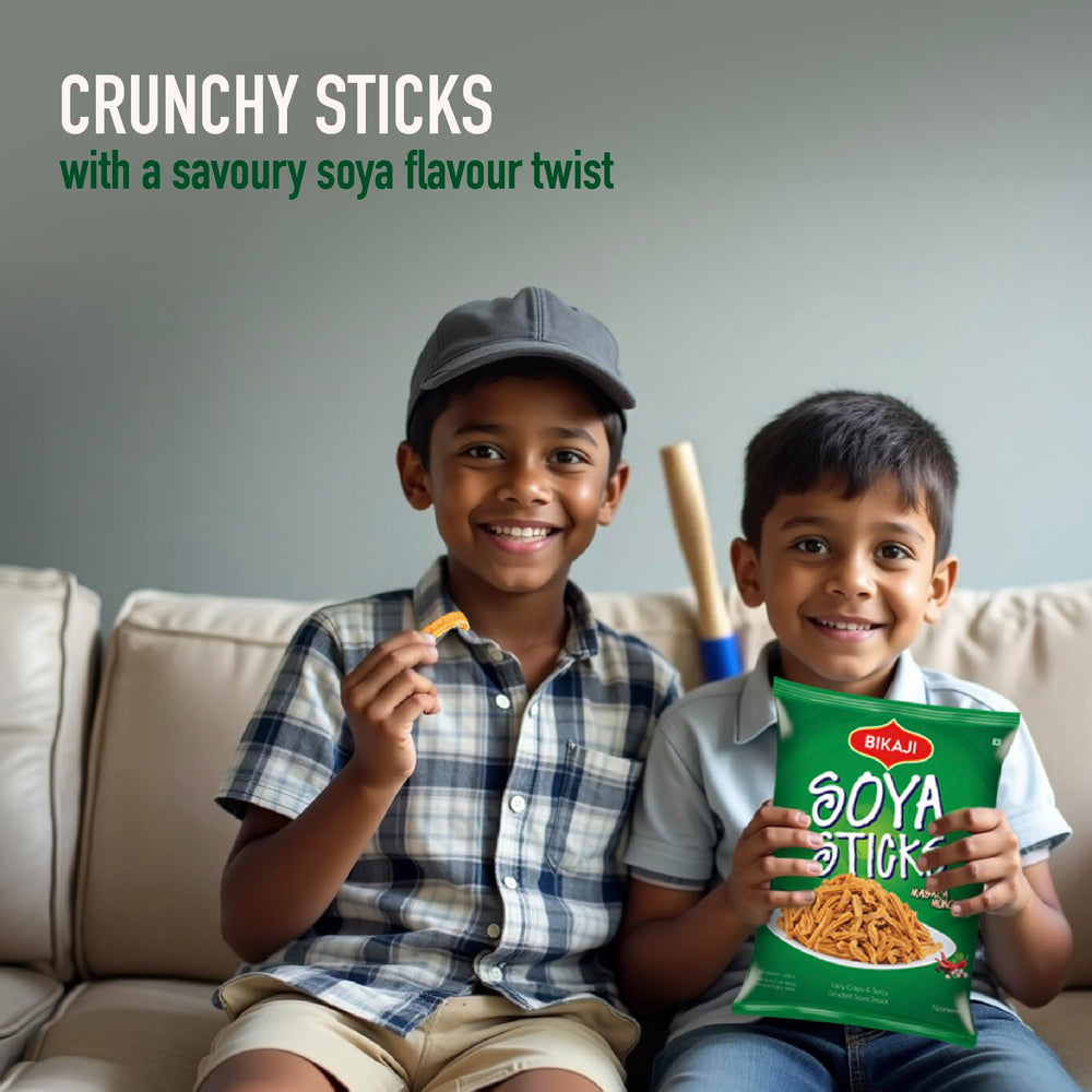 BIKAJI Soya Sticks Masala Munch bar snack idea on table.