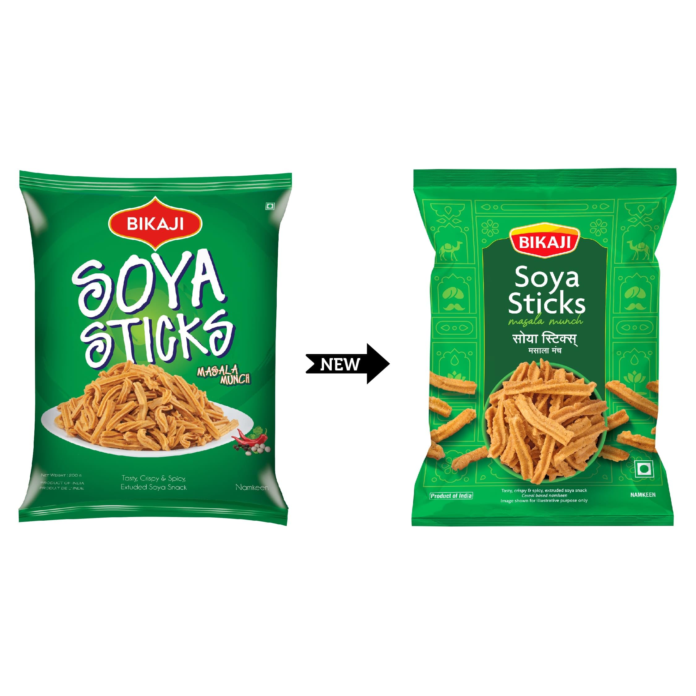 BIKAJI Soya Sticks Masala Munch spice blend enhances flavor.