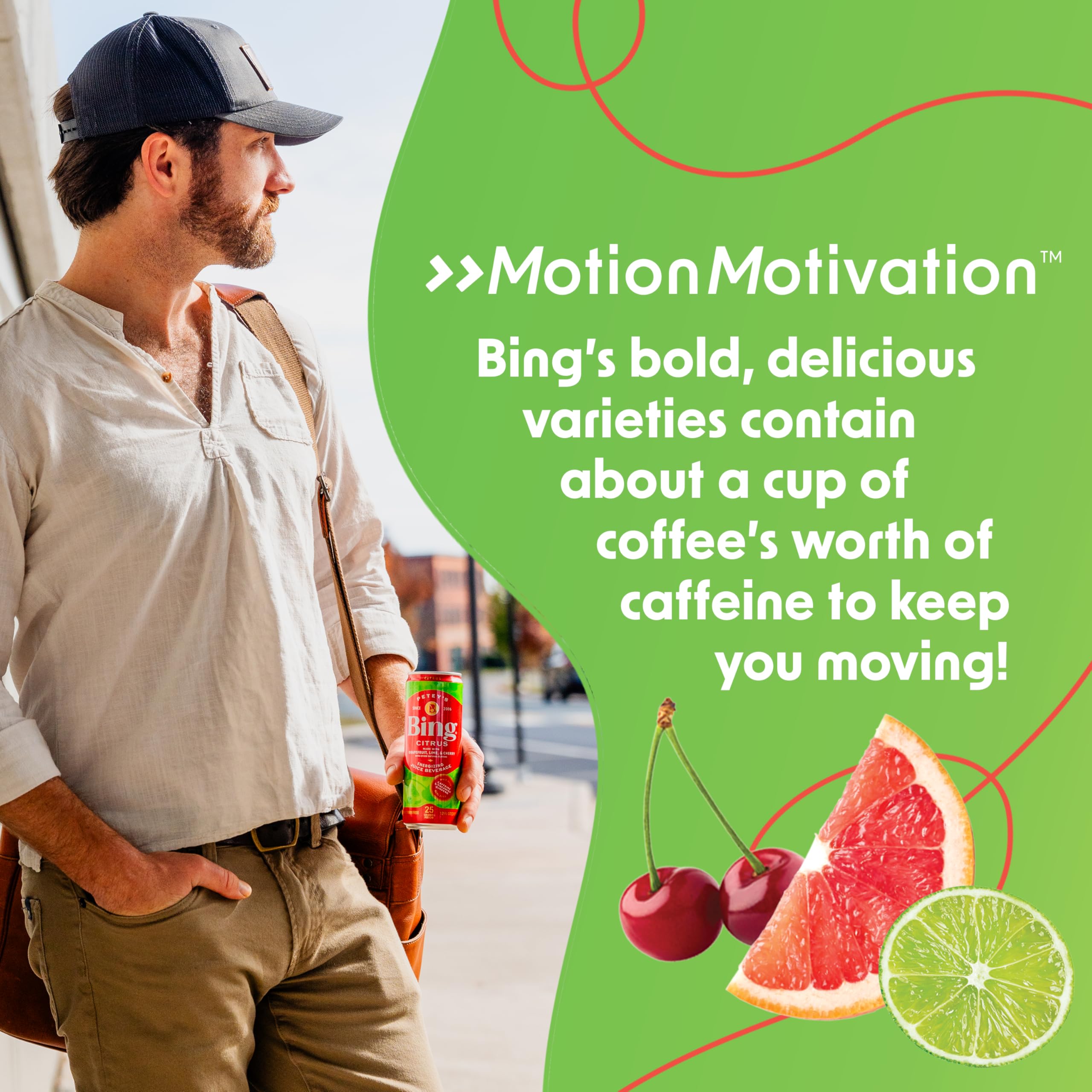 BING Citrus Energizing Juice caffeine-l-theanine, balanced energy boost.