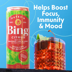 BING Citrus Energizing Juice Grapefruit-Lime-Cherry Juice can, vivid citrus notes.