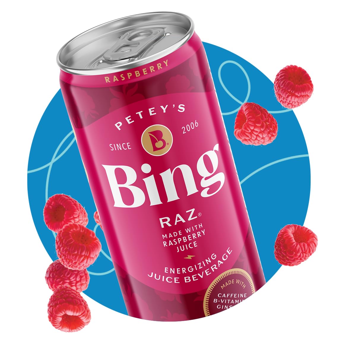 BING Energizing Juice Blu can, smooth berry flavor with caffeine lift