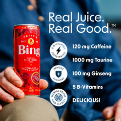 BING Energizing Cherry can side view highlights slim, low-calorie beverage