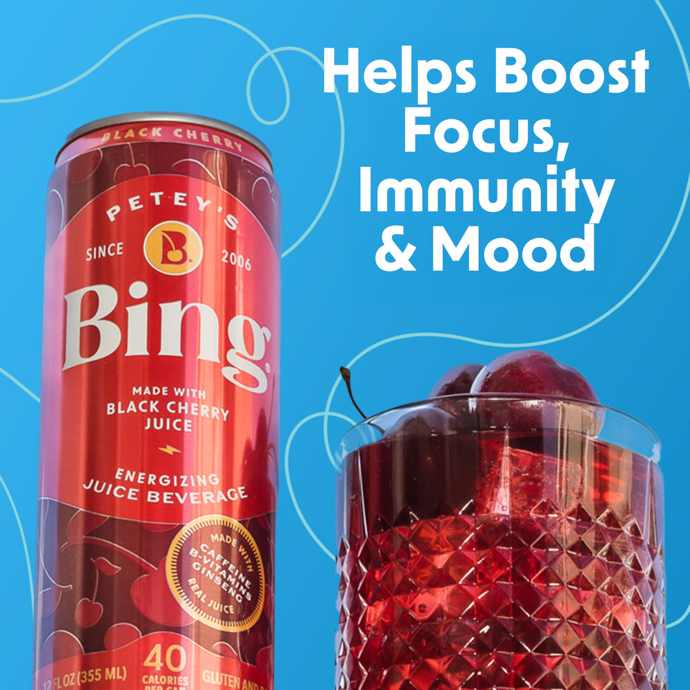 BING Energizing Cherry label closeup displays real juice and key ingredients