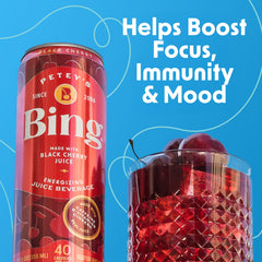 BING Energizing Cherry label closeup displays real juice and key ingredients