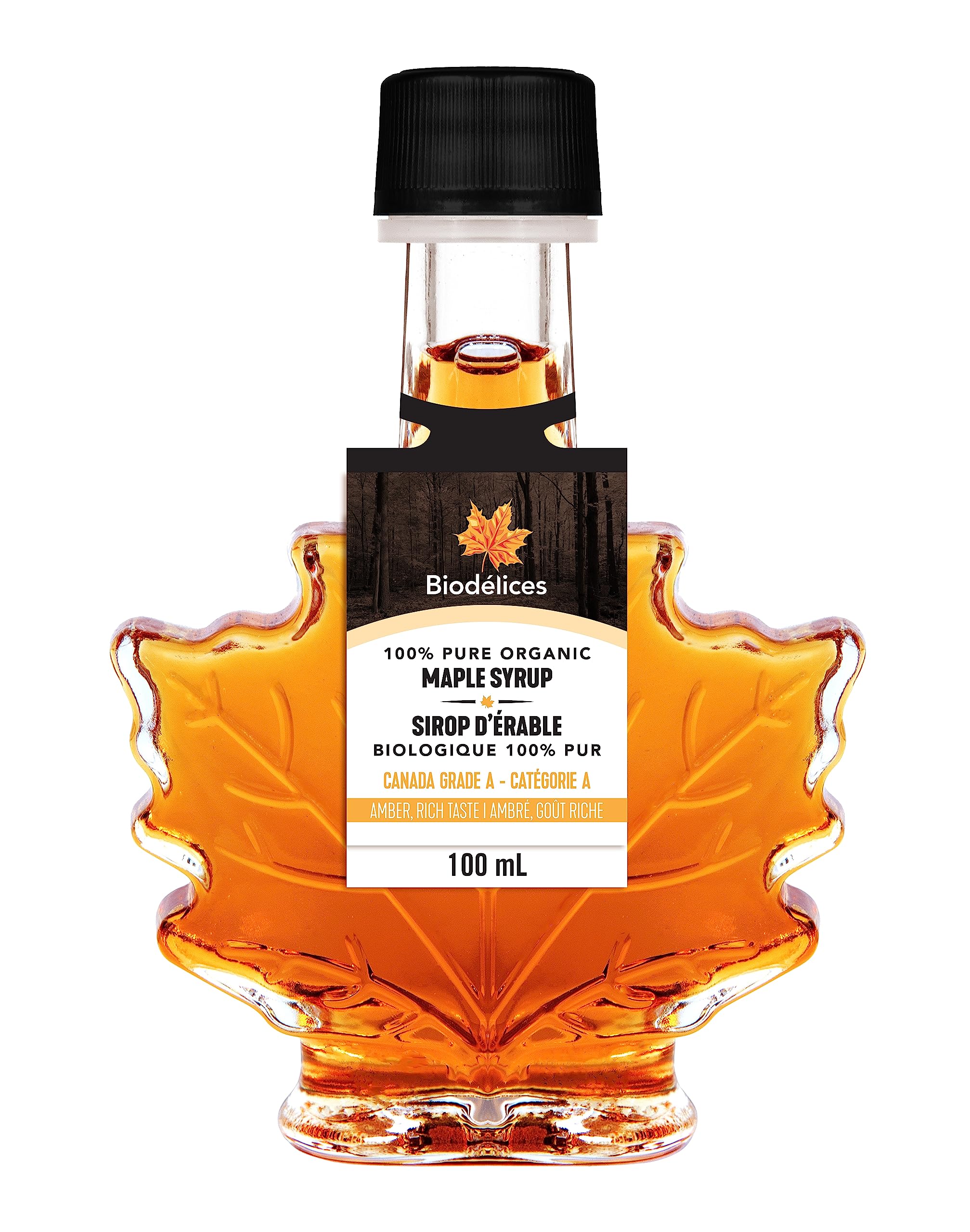 BIODELICES maple syrup bottle with maple leaf showcases premium organic packaging