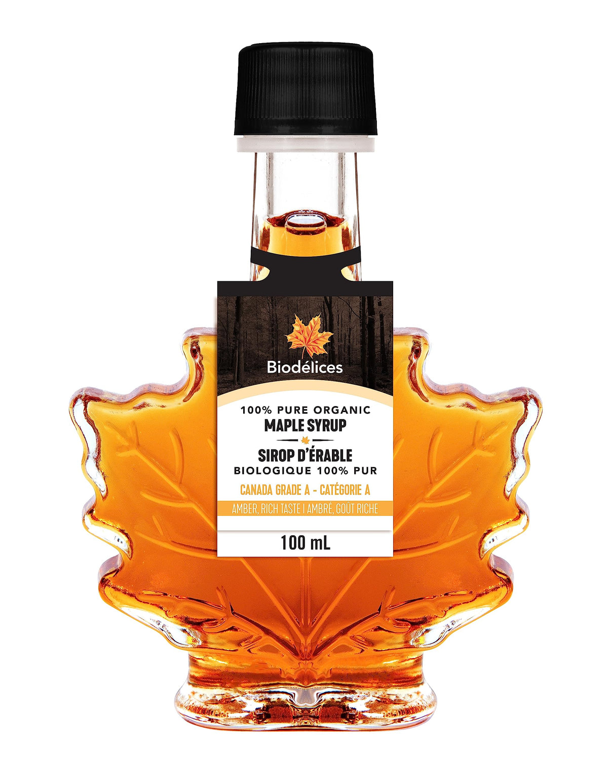 BIODELICES maple syrup bottle with maple leaf showcases premium organic packaging