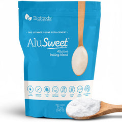 Biofoods AluSweet 12oz bottle showing zero-calorie sweetness for baking and beverages.