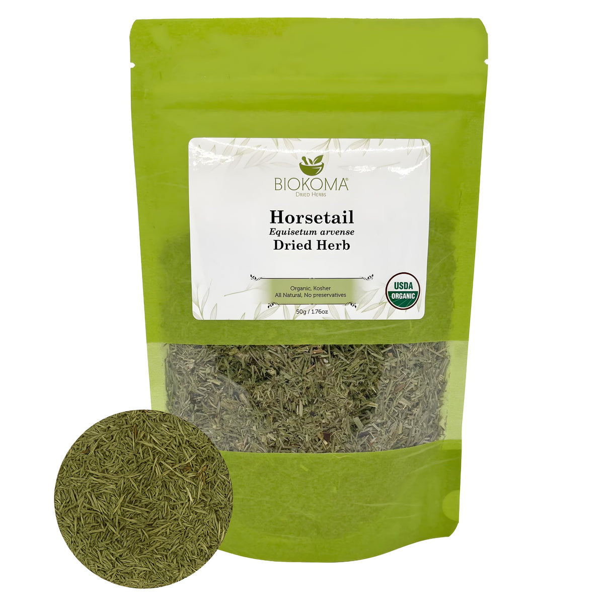Biokoma Horsetail Tea packaging close-up highlighting organic quality for daily rituals.