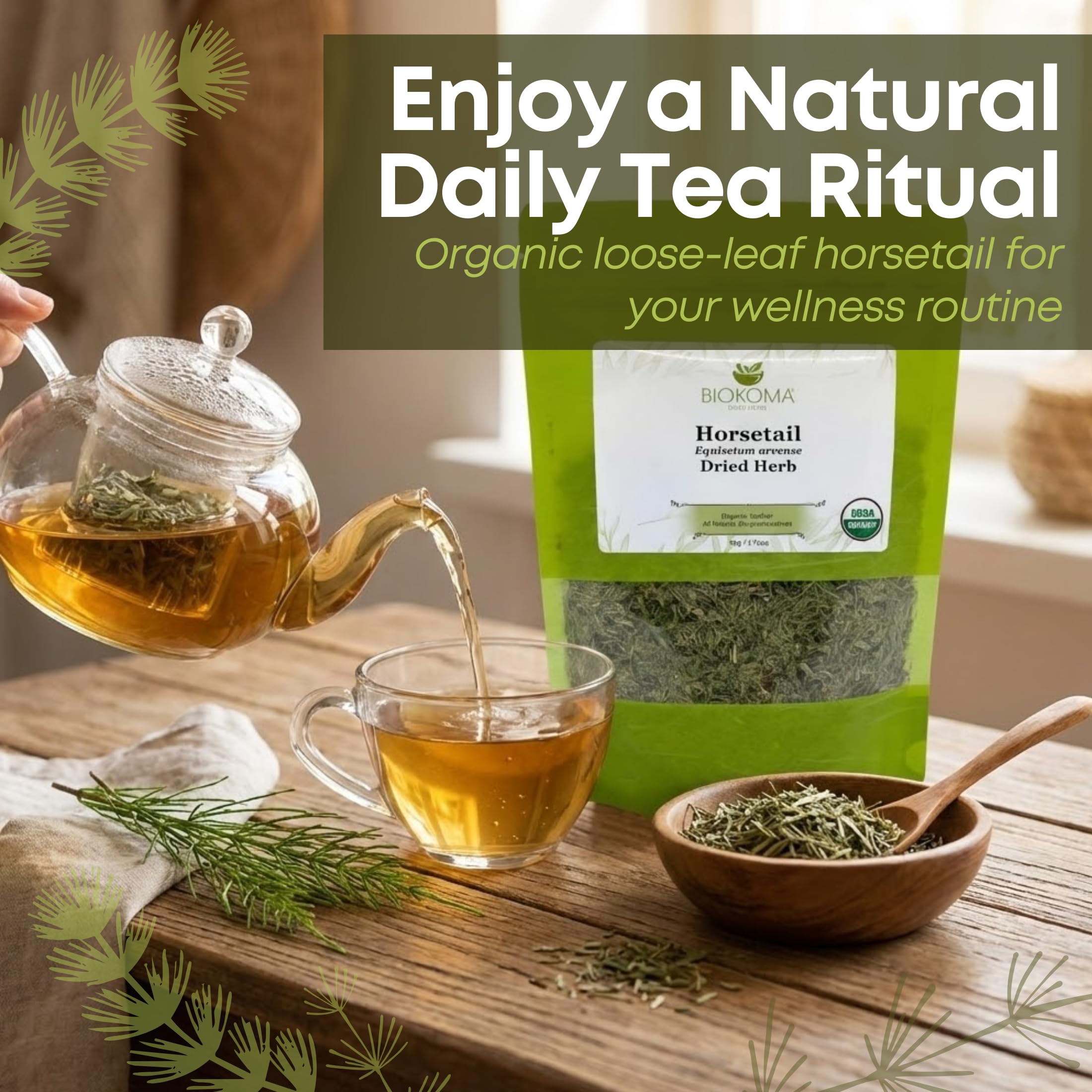 Biokoma Horsetail Tea resealable pouch preserves aroma and freshness.