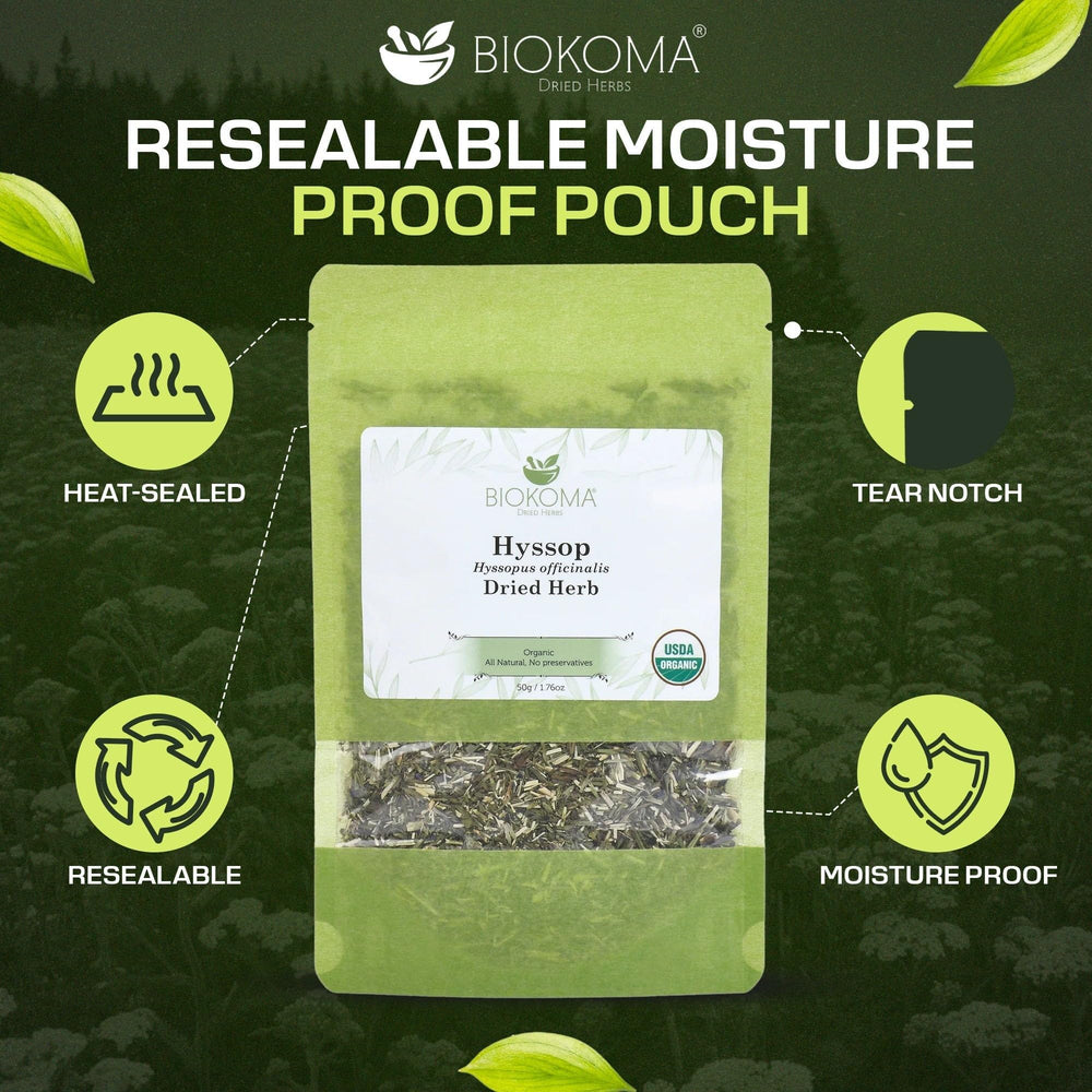 Biokoma Hyssop packaging label shows USDA Organic certification